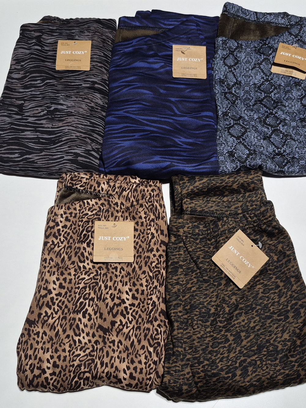 Just Cozy Womens Fleece Lines Leggings Animal Print 5 Pack M/L
